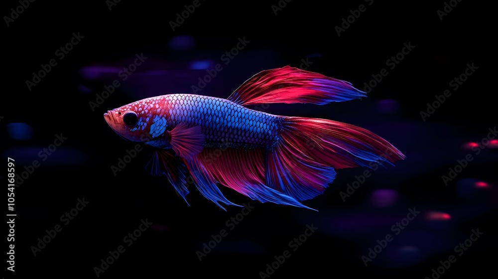 Betta splendens, the Siamese Fighting Fish in vibrant blue and red, showcasing intricate fin and scale details as it swims through softly glowing waters.