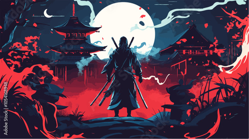 Flat illustration of samurai. Japanese warrior.