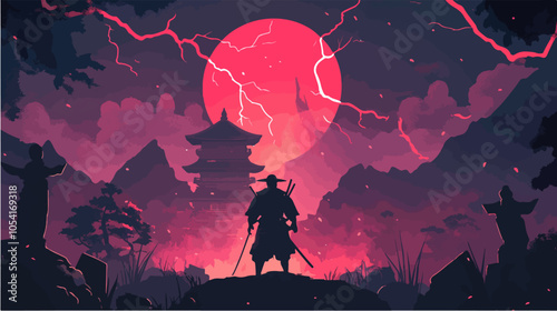 Flat illustration of samurai. Japanese warrior.