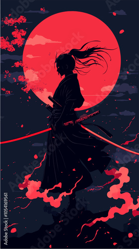 Flat illustration of samurai. Japanese warrior.