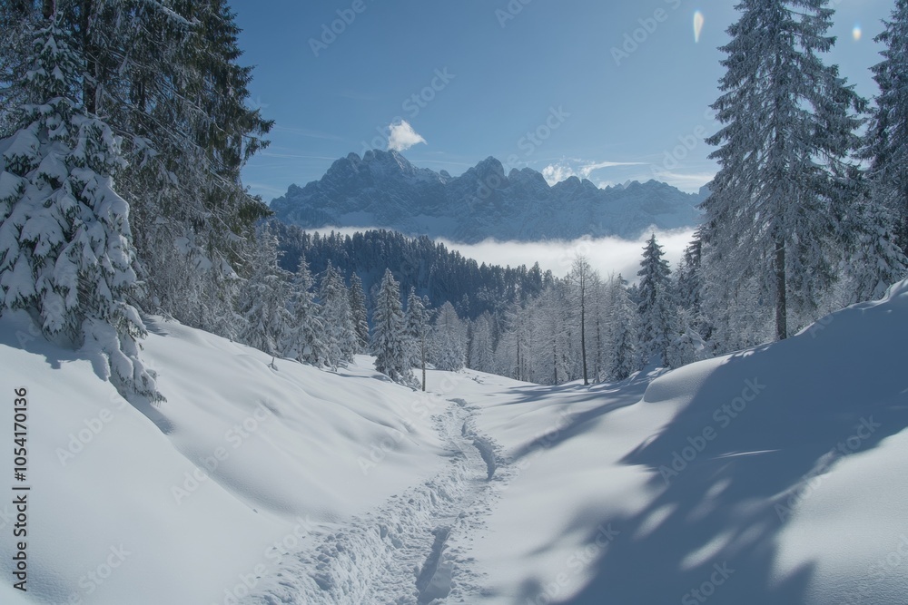 Fototapeta premium Snowy path leading into magical winter wonderland with majestic mountains