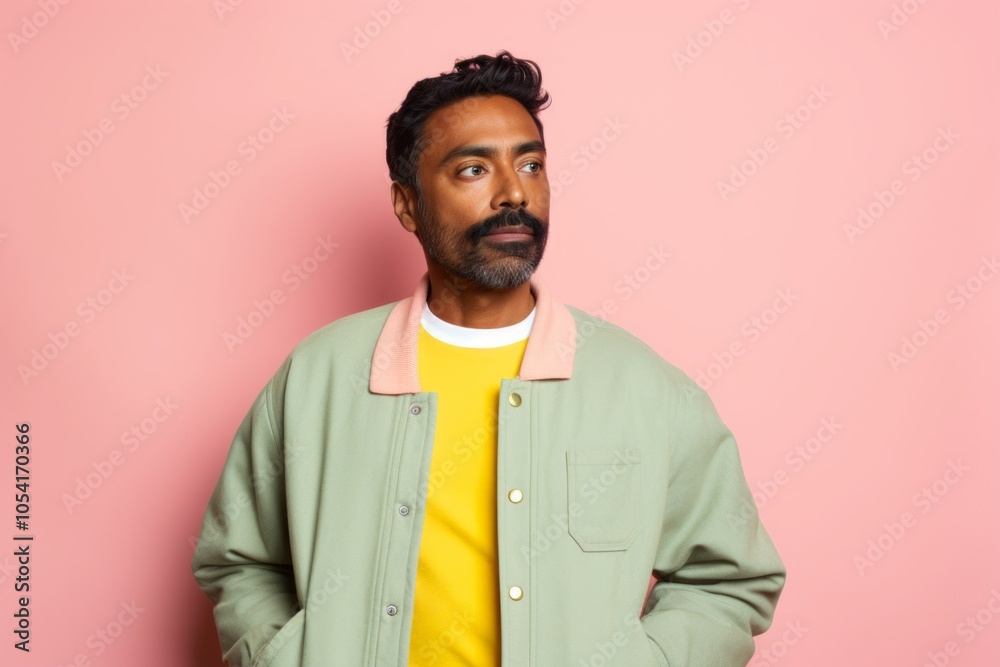 Fototapeta premium Portrait of a tender indian man in his 40s sporting a stylish varsity jacket over solid pastel color wall
