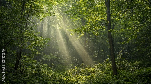 Sunbeams pierce through the dense foliage of a lush green forest, creating a magical atmosphere.