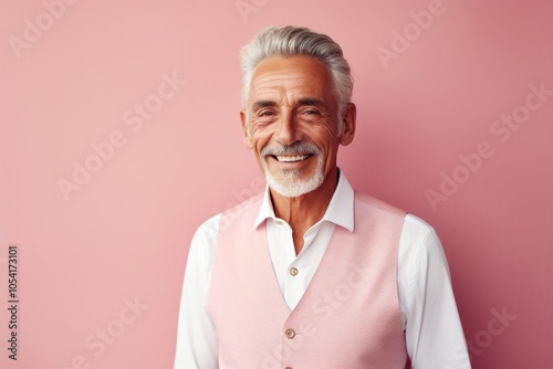 Portrait of a blissful man in his 70s dressed in a breathable mesh vest while standing against solid pastel color wall photo