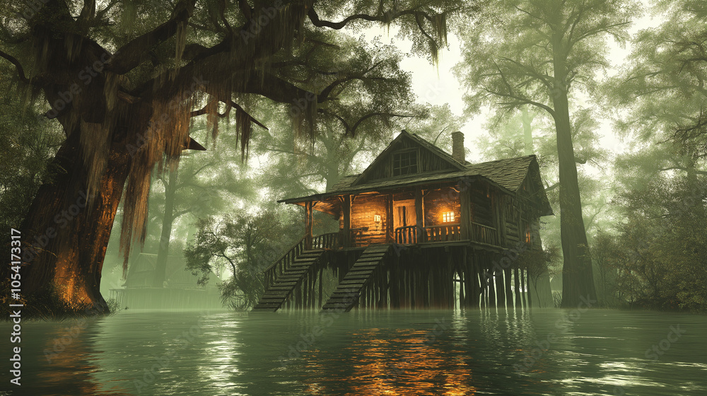 Fototapeta premium Mystical Swamp Cabin on Stilts with Warm Lights in Foggy Forest