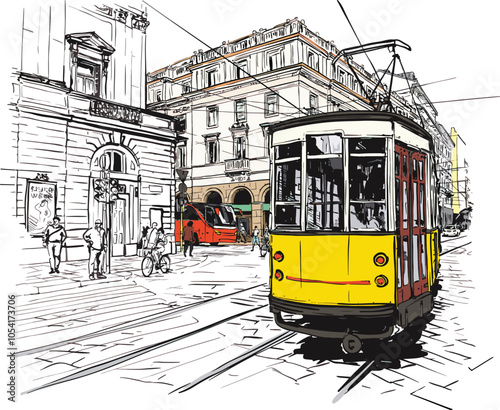Street view with famous old Lisbon Portugal Tram, Portugal  vector illustration (Ideal for printing on fabric or paper, poster or wallpaper, house decoration)
