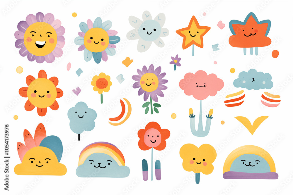Obraz premium A playful sticker pack of clouds with rainbows, smiling suns, hearts, crowns, and arrows, each with a fun, hand-drawn quality