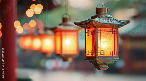 A serene scene featuring illuminated traditional lanterns hanging outdoors, casting a warm glow in a beautifully blurred background. photo