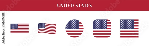 Set of the United States national flag icons in various styles on transparent background