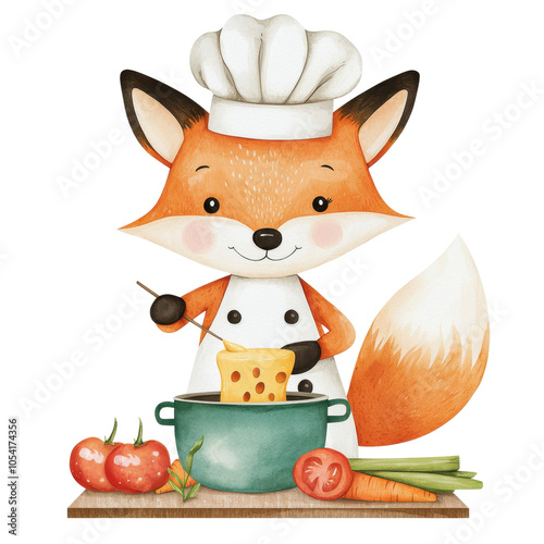 A cute fox chef cooking in a pot, surrounded by fresh vegetables and tomatoes, with a friendly smile and a chef's hat. photo