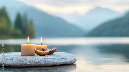 Tranquil lakeside scene featuring lit candles on a stone, surrounded by nature and mountains, evoking relaxation and serenity. photo