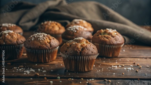 Rustic homemade muffins on wooden table - perfect for baking enthusiasts and foodie photography photo