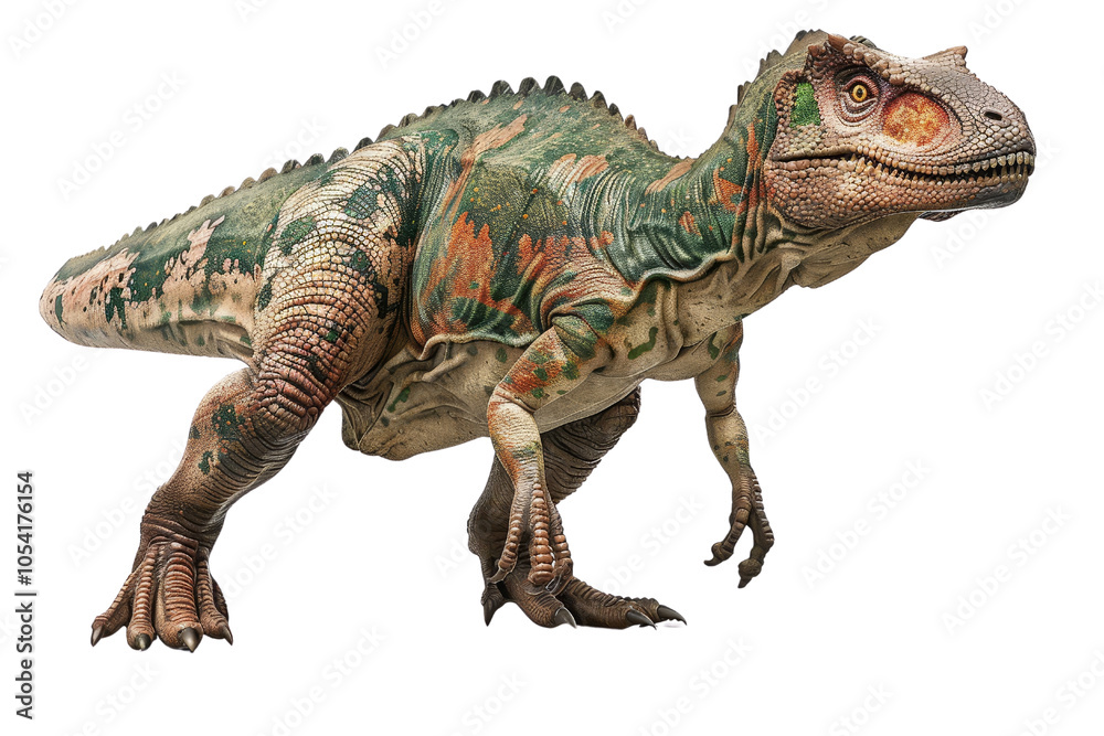 Fototapeta premium A detailed, realistic dinosaur model showcasing vibrant colors and intricate textures, isolated on a white background for clear visibility.