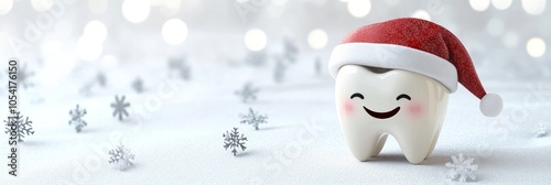 A cute tooth wearing a Santa hat, on a white background with snowflakes, a banner design with a copy space area, in a cute style of 3D rendered illustration.