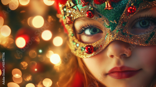 Charming Close-Up Portrait of a Young Girl in a Festive Christmas Mask with Red and Green Glitter, Miniature Bells, and Excited Expression Against Warm Holiday Lights