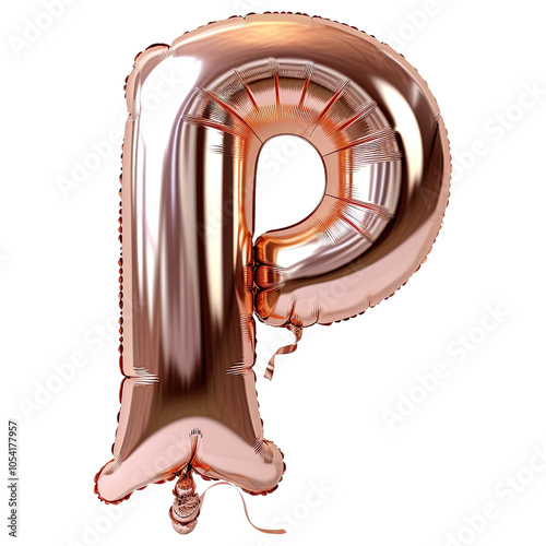 A shiny rose gold letter P balloon in a vibrant design against a white isolated background, perfect for celebrations and decorations. photo