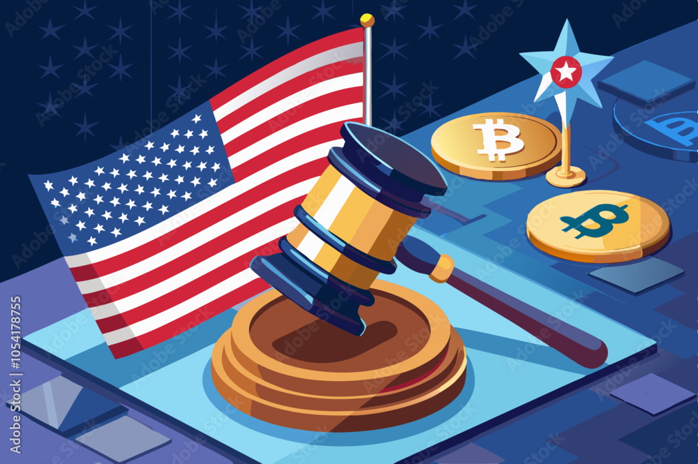 gavel and bitcoins with the flag of the United States of America on the table. Cryptocurrency legislation.