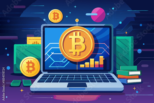 Close-up of a laptop on a desk with a Bitcoin digital sign on blurred blue blurred background.