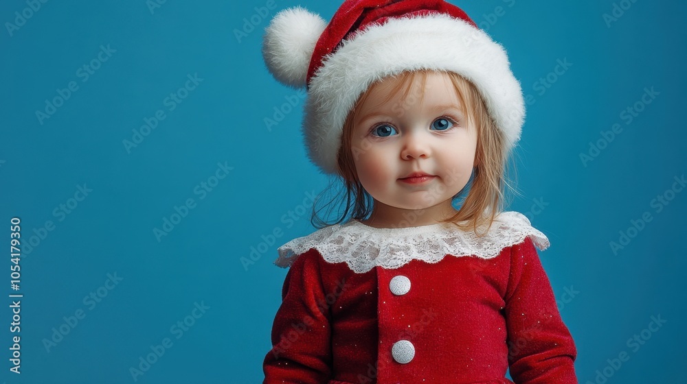 child wearing a festive red dress with white lace detailing and a Santa hat poses sweetly against a vibrant blue background child wearing a festive red dress with white lace detailing and a Santa hat poses sweetly against a vibrant blue background