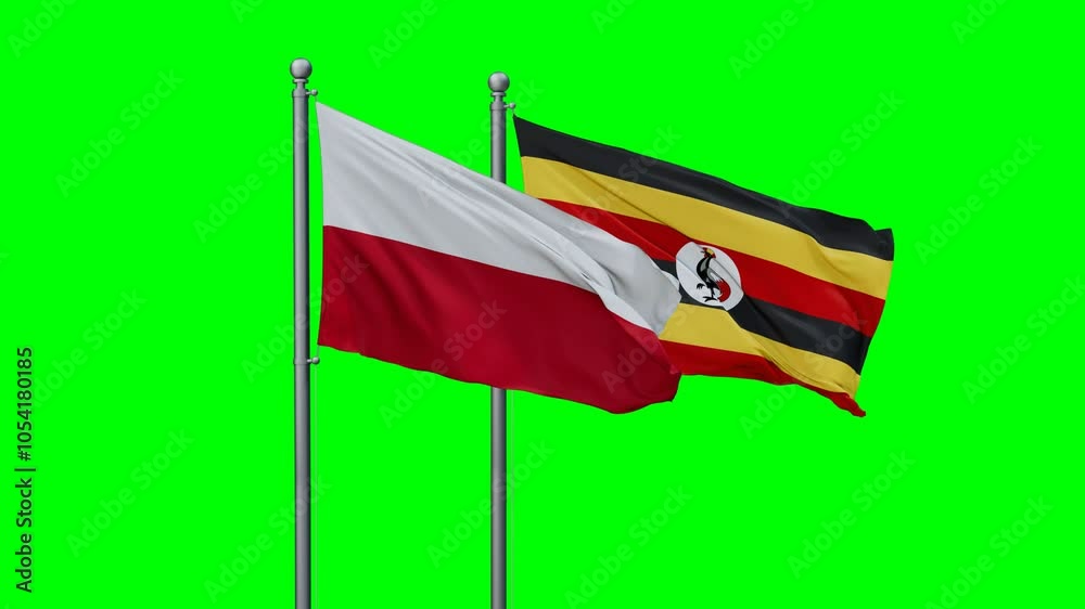 Republic of Uganda and Poland flags flying together, video concept of the relationship with colored chroma key for easy background remove, two country cooperation concept Republic of Uganda and Poland flags flying together, video concept of the relationship with colored chroma key for easy background remove, two country cooperation concept