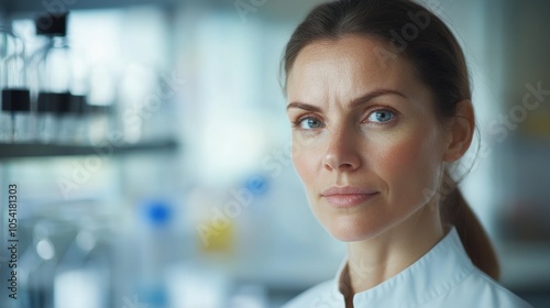 A poised European female scientist displays focus and determination in a modern laboratory setting, showcasing her expertise in scientific research and innovation. photo