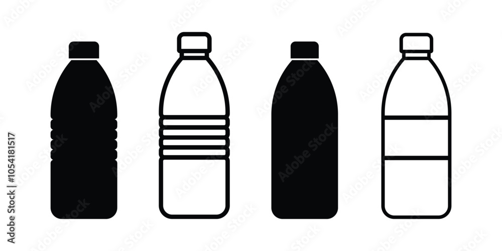 Set of black vector bottle icons. Plastic bottle icon set. Black water bottles type illustration. Set of black vector bottle icons. Plastic bottle icon set. Black water bottles type illustration.