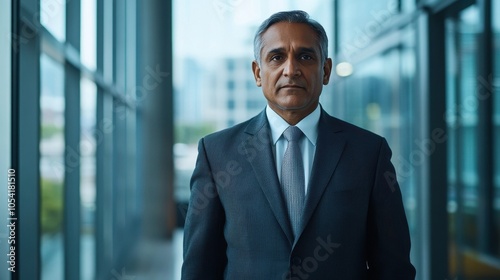 A senior Indian male businessman in his 60s stands confidently in an urban office. This portrait captures the essence of professionalism and leadership.