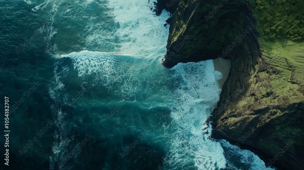 Fototapeta premium Vibrant Greenery and Volcanic Coastline along the Shores of Hawaii