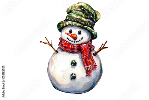 A cheerful snowman wearing a colorful hat and red scarf, set against a transparent background, exuding a festive winter spirit.
