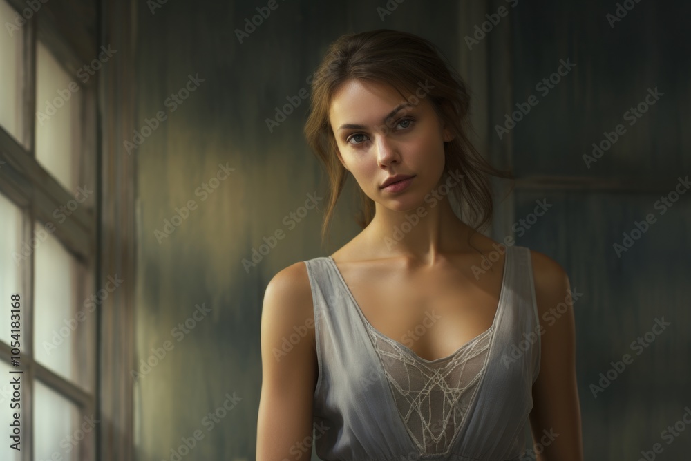 Fototapeta premium Portrait of a tender woman in her 30s dressed in a breathable mesh vest isolated in scandinavian-style interior background