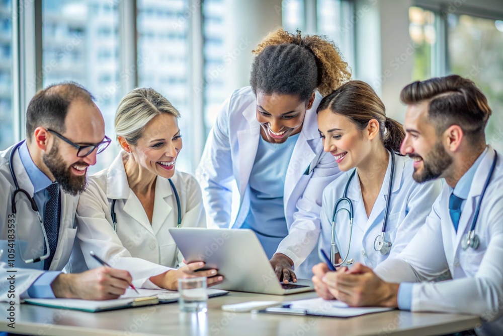 Fototapeta premium A group of doctors are gathered around a table, looking at a tablet