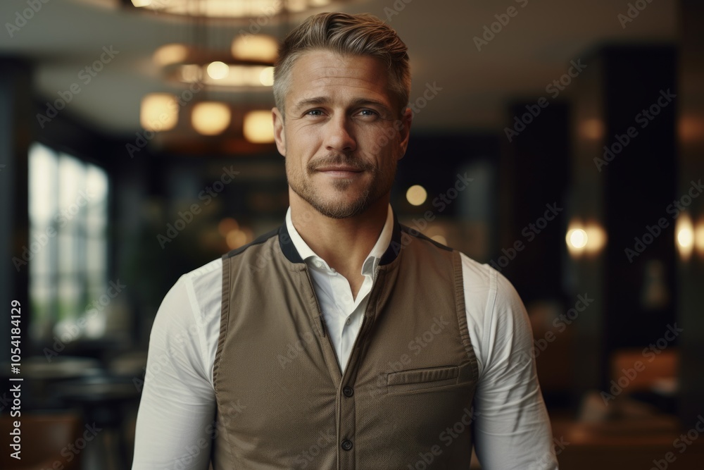 Fototapeta premium Portrait of a glad man in his 30s dressed in a breathable mesh vest while standing against scandinavian-style interior background