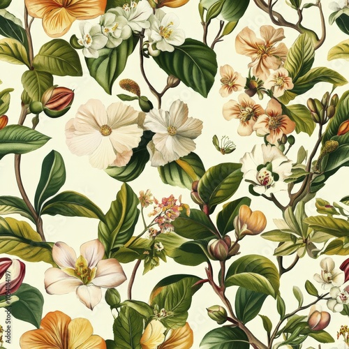 Vintage Floral Pattern: Botanical Illustration with White, Pink & Yellow Flowers