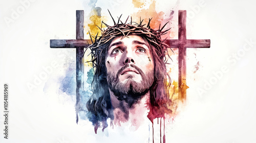 A watercolor portrait of Jesus with a crown of thorns and three crosses, showcasing a minimalist design with soft colors and a unique landscape element photo