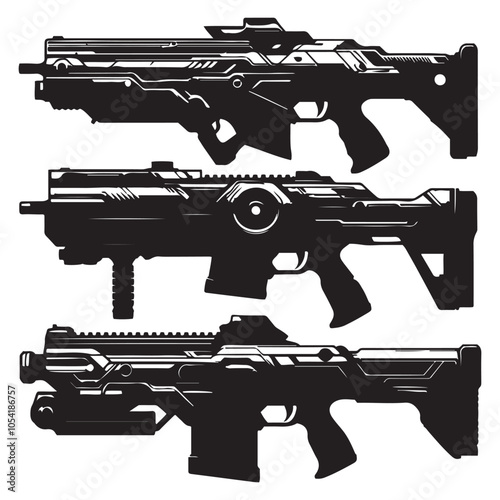 Futuristic weapon designs silhouette vector black color white background 