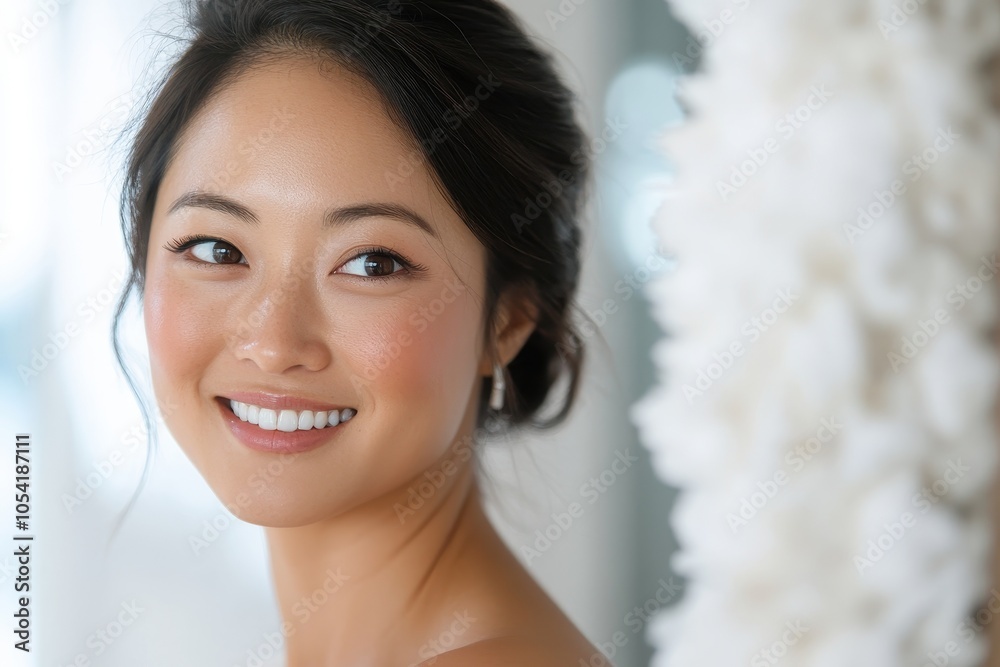 Naklejka premium Beautiful Asian Woman from Over the Shoulder Angle
