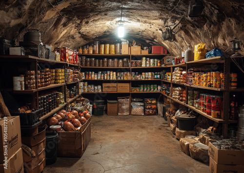 A tidy underground bunker full of supplies. Perfectly aligned shelves are loaded with canned food, water bottles, and survival gear, creating a sense of abundance and security. 