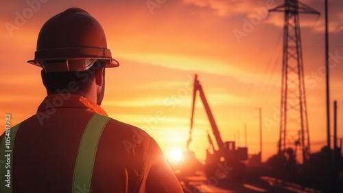 Worker observes sunset at construction site, silhouette against vibrant sky.