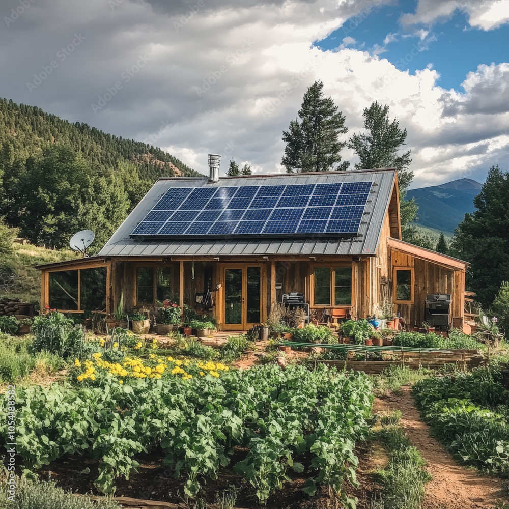 Obraz premium Off-grid house with solar panels on the roof, on a homestead, with a vegetable garden in front of it 