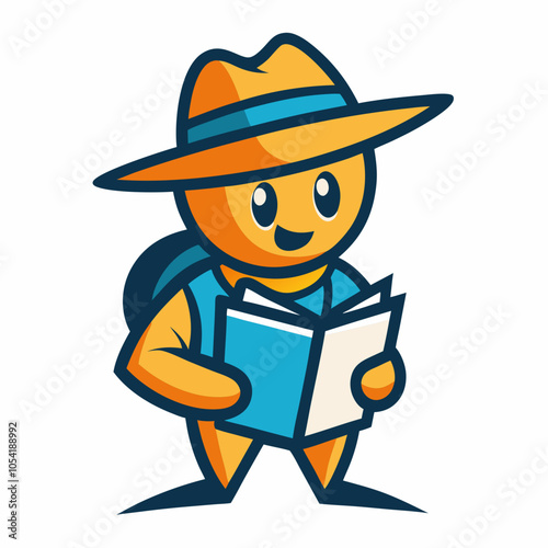 Explorer mascot logo, wearing a hat and carrying a map