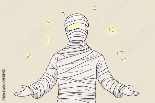 Explore this detailed mummy costume illustration featuring glowing elements. Perfect for Halloween themes, eerie designs, and festive decorations. photo