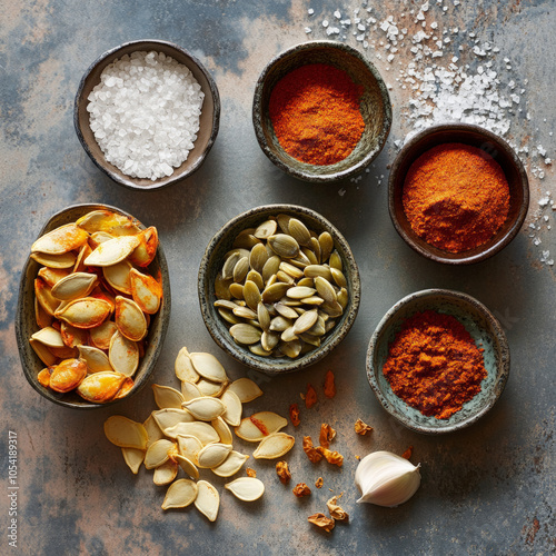 Spiced Pumpkin Seeds with raw pumplin seeds and olive oil and smoked paprika and garlic powder and sea salt and cayenne pepper photo