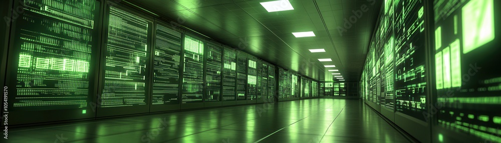 Fototapeta premium A futuristic data center corridor illuminated by green lights, showcasing advanced technology and digital innovation.