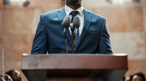 A young African American male politician deputy stands on a podium stage in front of a microphone and speaks to the public against the backdrop of the American flag. American election campaign
