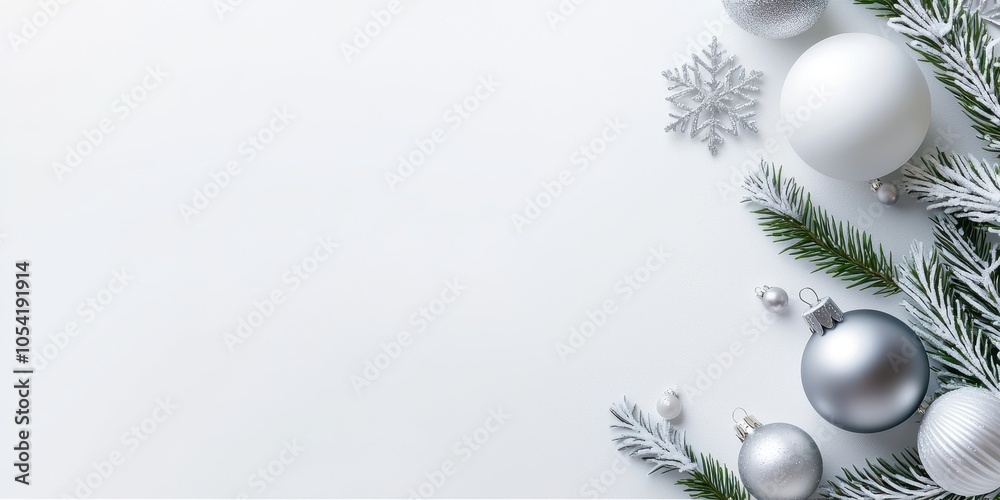 Fototapeta premium A decorative Christmas frame made of silver ornaments, pine branches, and tiny snowflakes on a white background, perfect for holiday-themed designs.