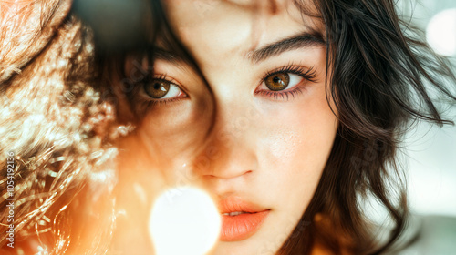 Close-Up Beautiful Woman's Face with Brown Eyes and Bokeh Light Effect
