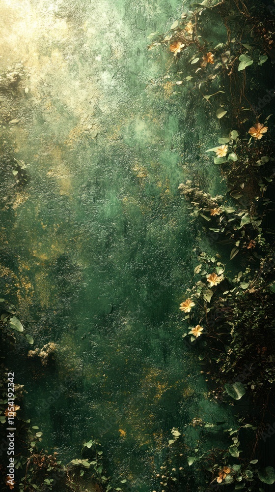 Fototapeta premium Lush Green Wall with Sunlight and Yellow Flowers