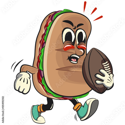 Sub Sandwich cartoon mascot illustration character vector playing rugby and american football, work of hand drawn