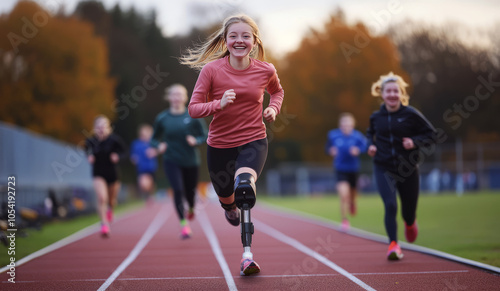 Fototapeta Naklejka Na Ścianę i Meble -  A smiling young girl running with a prosthetic leg	