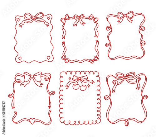 Set of frames with coquette pretty charming red bows and ribbons. Hand drawn trendy border. Vintage elements for greeting cards, wedding, invitations. Illustration for social media decoration template
